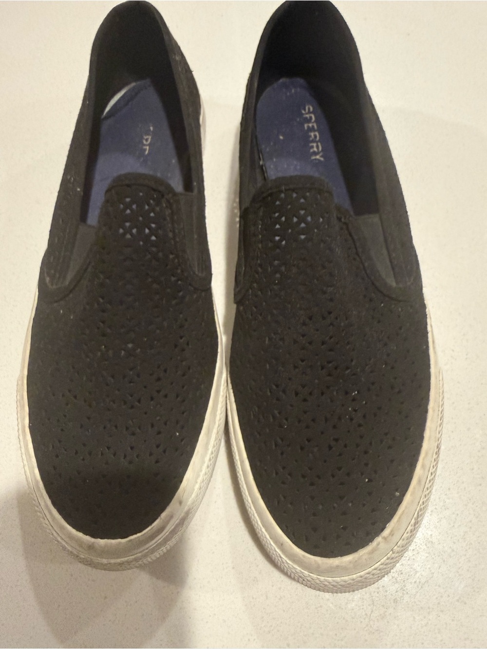 Sperry Black Perforated Slip-On Loafers with White Sole